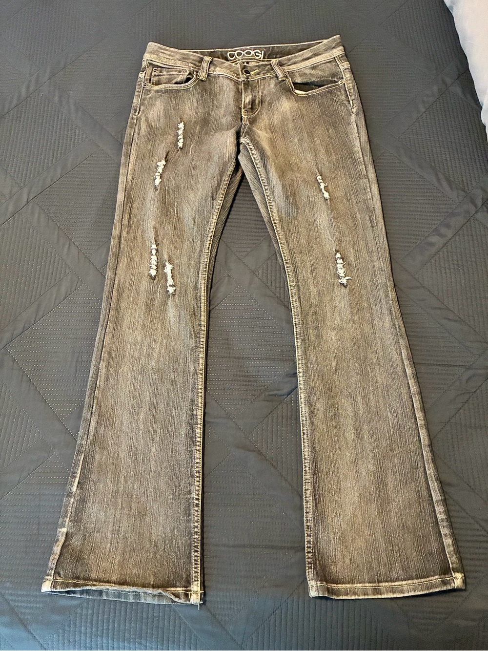 COOGI Women's Washed Gray Distressed Flare Jeans